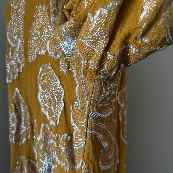Anthropologie Maeve Flowy Mini Dress Tie Neck Long Cuffed Sleeve Gold Metallic L - Picture 11 of 16